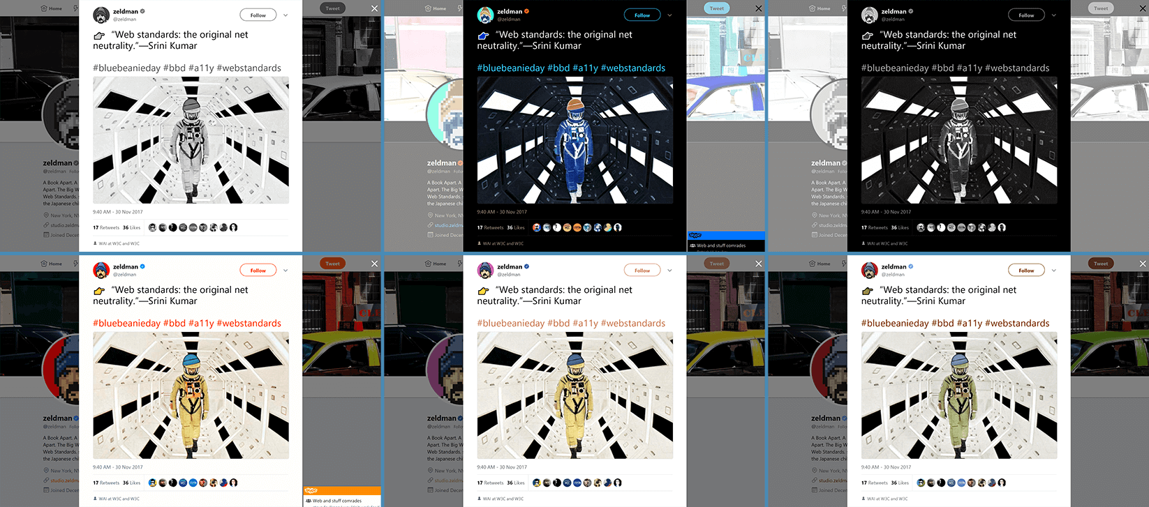 Series of screen shots of Zeldman’s Blue Beanie Day tweet as viewed through Windows 10 color accessibility filters.