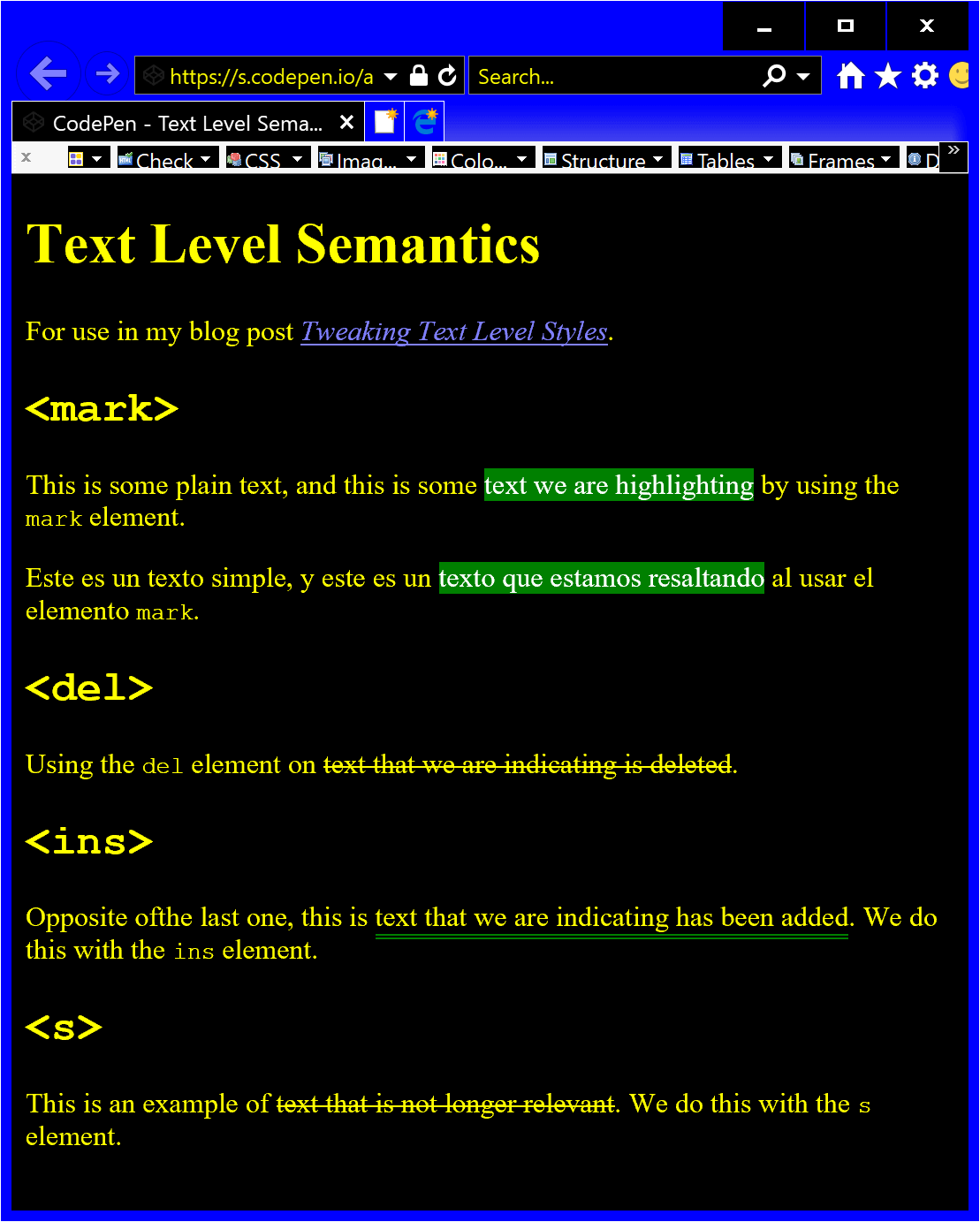 Screen shot in Internet Explorer while using Windows High Contrast Mode.
