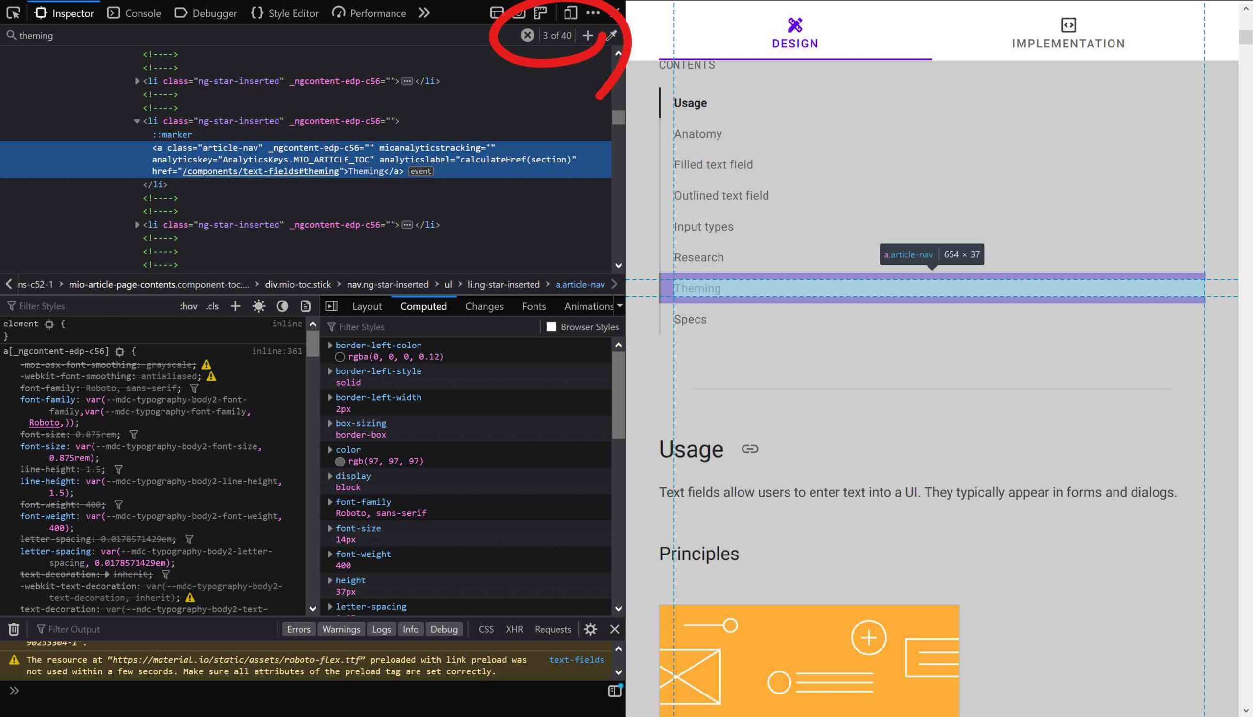 In Firefox dev tools on the Material Design page, searching for ‟theming” and getting 40 results.